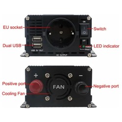 LVYUAN 12V–230V autoinvertteri 500W 1500W huippu kaksi latausporttia nestekidenäyttö eurooppalainen pistoke