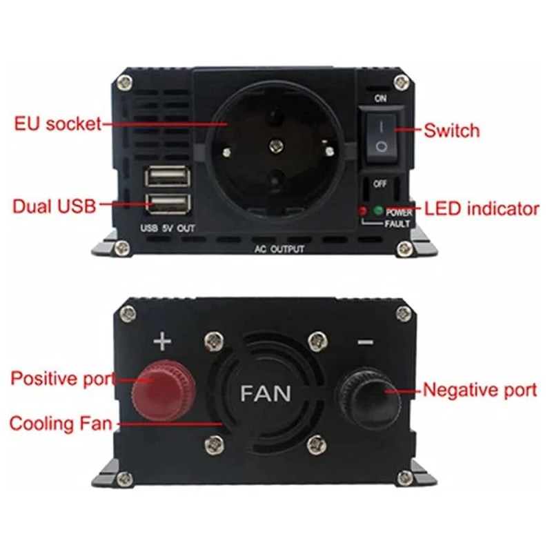 LVYUAN 12V–230V autoinvertteri 500W 1500W huippu kaksi latausporttia nestekidenäyttö eurooppalainen pistoke