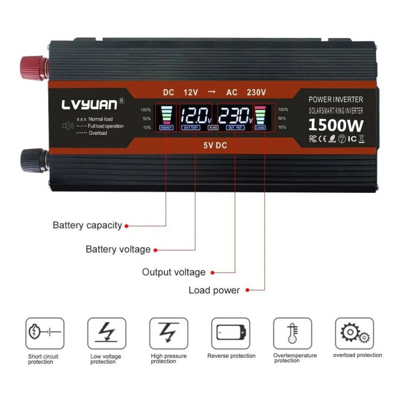 LVYUAN 12V–230V autoinvertteri 500W 1500W huippu kaksi latausporttia nestekidenäyttö eurooppalainen pistoke