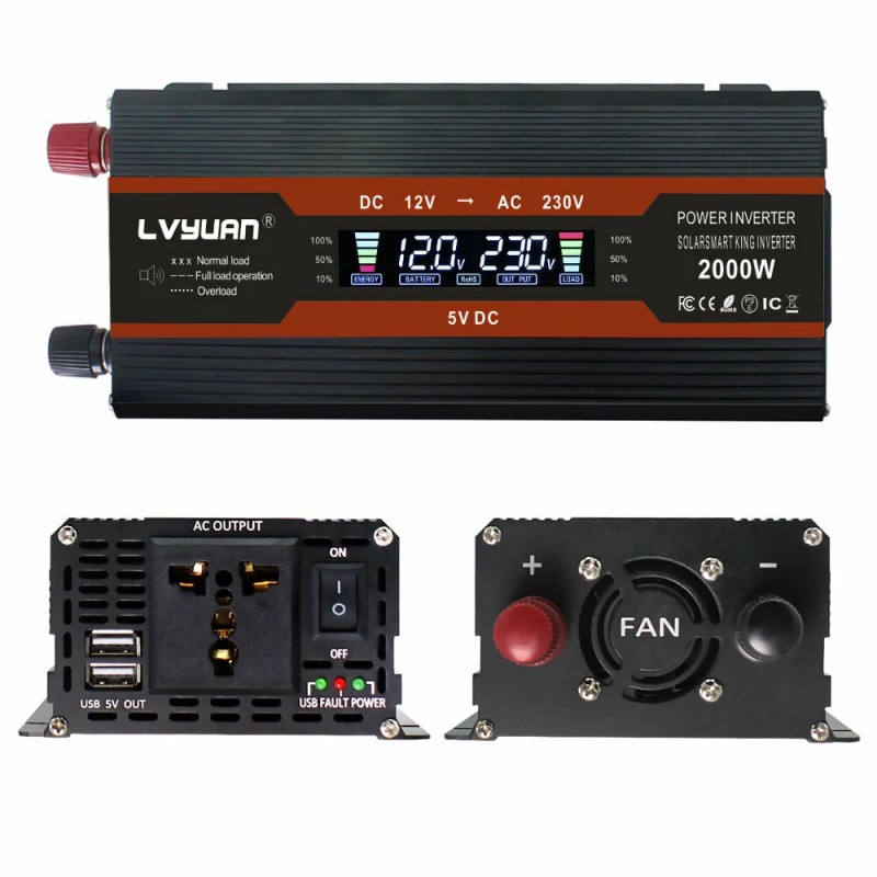 Lvyuan F-2000A muokattu siniaaltoinvertteri LCD-näytöllä 12 V–230 V 800 W jatkuva 2000 W huipputeho