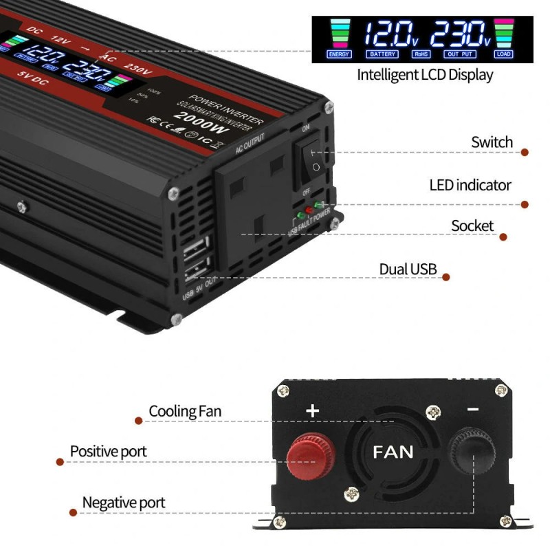 Lvyuan F-2000A muokattu siniaaltoinvertteri LCD-näytöllä 12 V–230 V 800 W jatkuva 2000 W huipputeho