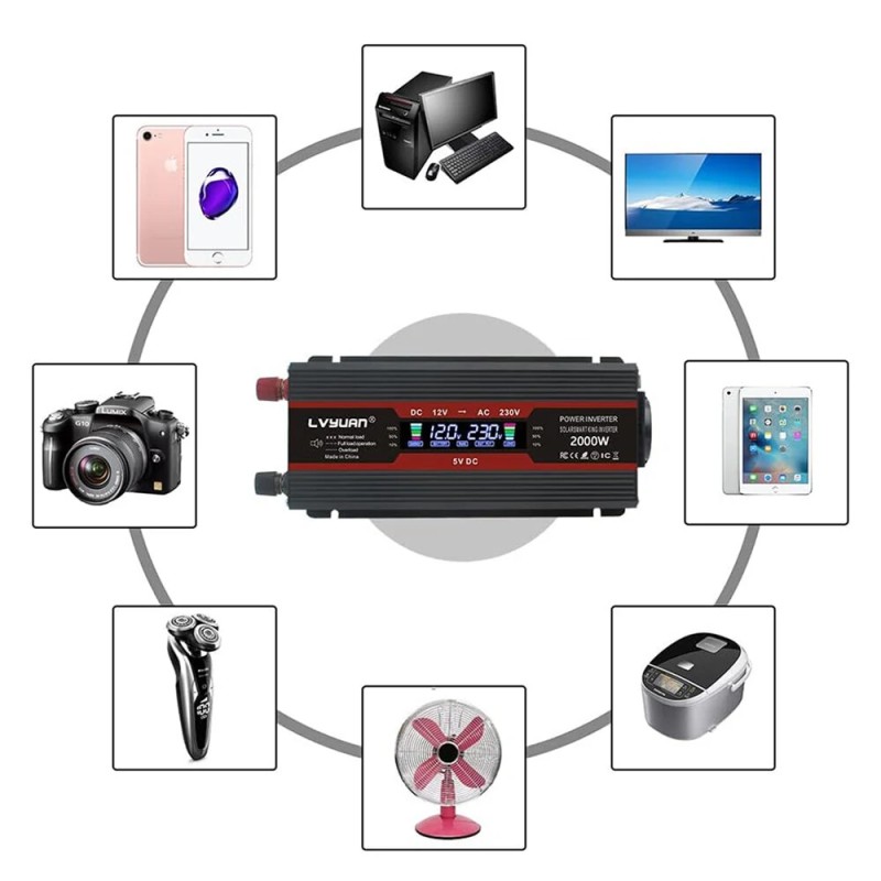 Lvyuan F-2000A muokattu siniaaltoinvertteri LCD-näytöllä 12 V–230 V 800 W jatkuva 2000 W huipputeho