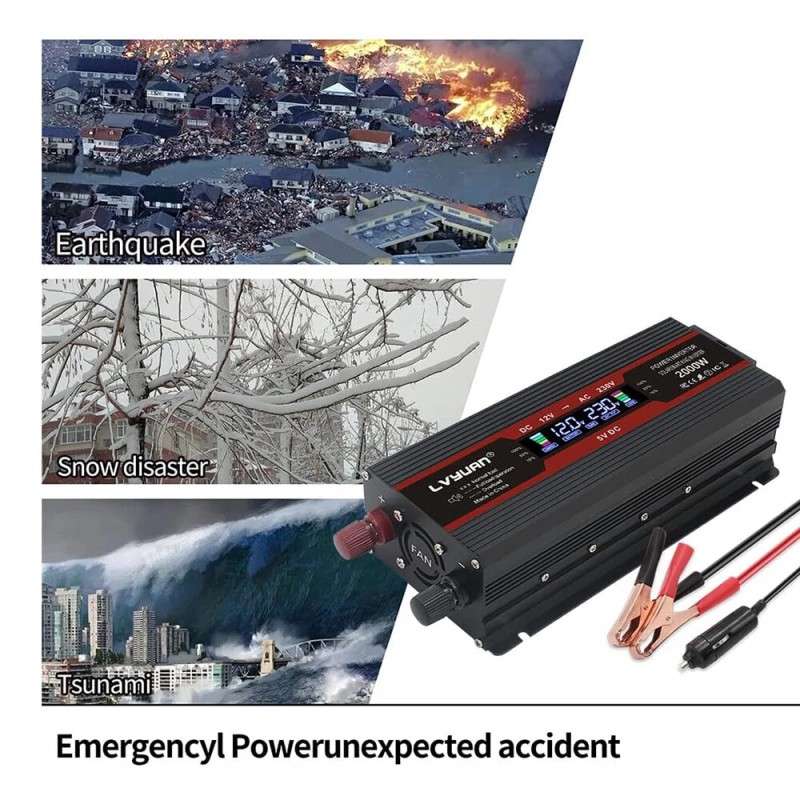 Lvyuan F-2000A muokattu siniaaltoinvertteri LCD-näytöllä 12 V–230 V 800 W jatkuva 2000 W huipputeho