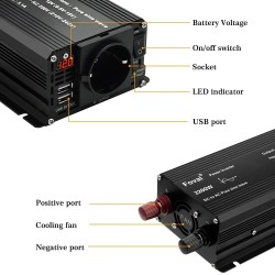Lvyuan autoinvertteri 12V-220V 800W 2200W huippu Foval EU-pistoke puhdas siniaalto LED-näyttö