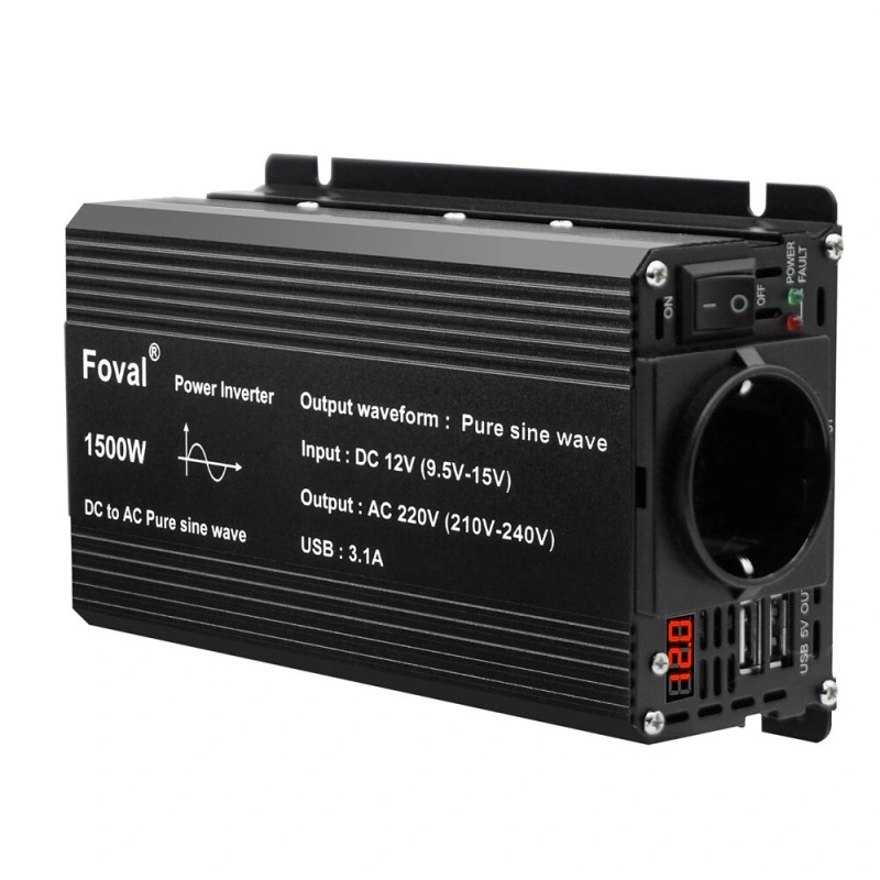 Lvyuan 12V–220V autoinvertteri 500W (1500W huippu) puhdas siniaalto, kaksi USB-porttia, EU-pistoke F-500P