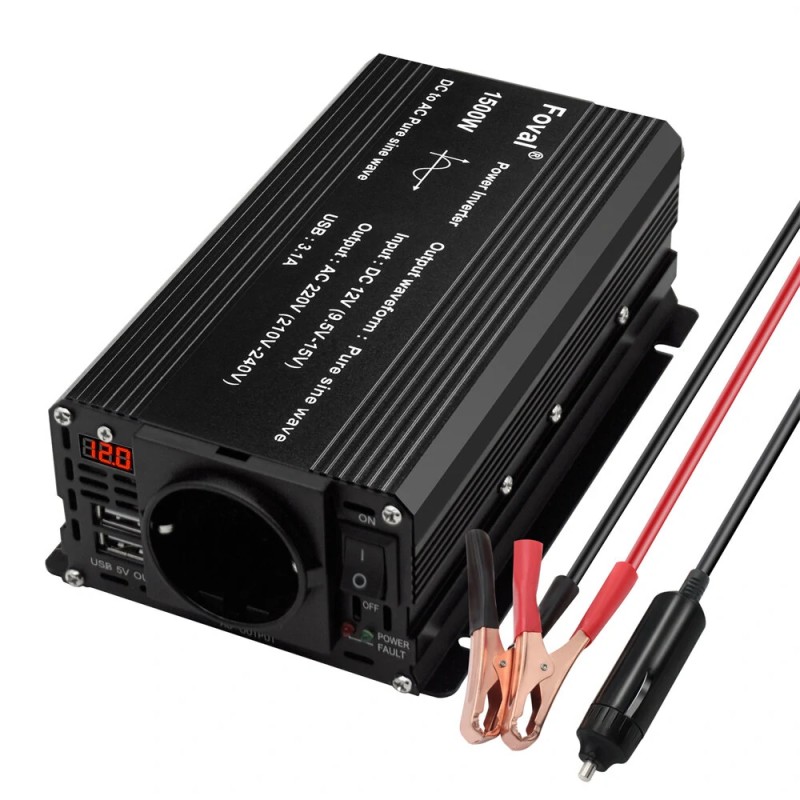 Lvyuan 12V–220V autoinvertteri 500W (1500W huippu) puhdas siniaalto, kaksi USB-porttia, EU-pistoke F-500P