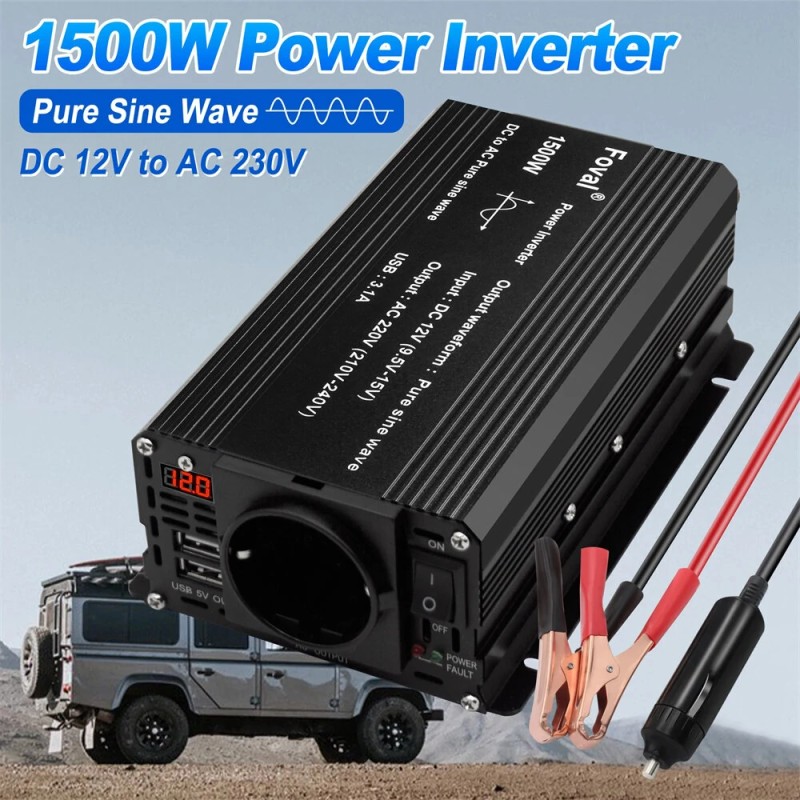 Lvyuan 12V–220V autoinvertteri 500W (1500W huippu) puhdas siniaalto, kaksi USB-porttia, EU-pistoke F-500P