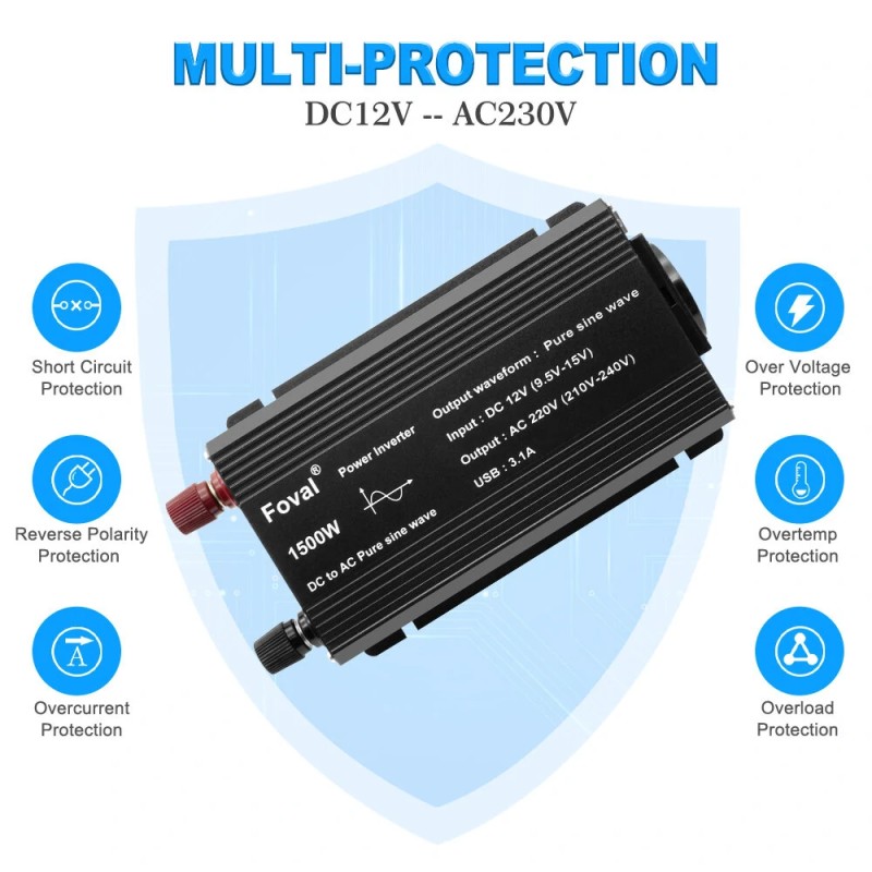 Lvyuan 12V–220V autoinvertteri 500W (1500W huippu) puhdas siniaalto, kaksi USB-porttia, EU-pistoke F-500P