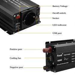 Lvyuan 12V–220V autoinvertteri 500W (1500W huippu) puhdas siniaalto, kaksi USB-porttia, EU-pistoke F-500P