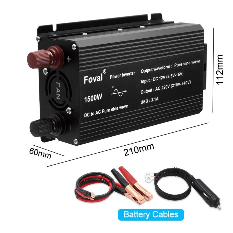 Lvyuan 12V–220V autoinvertteri 500W (1500W huippu) puhdas siniaalto, kaksi USB-porttia, EU-pistoke F-500P
