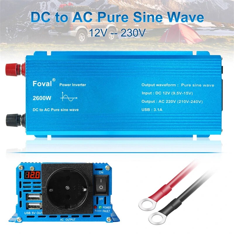 Lvyuan Foval 1000W huipputeho 2600W puhdas siniaaltoinvertteri 12V 230V EU-pistoke
