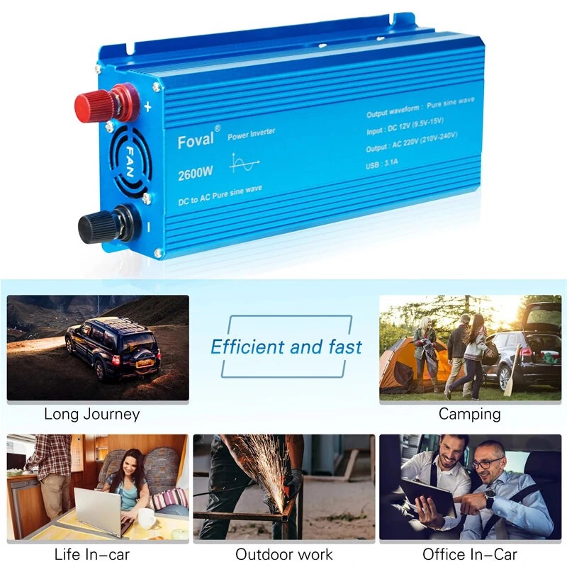 Lvyuan Foval 1000W huipputeho 2600W puhdas siniaaltoinvertteri 12V 230V EU-pistoke