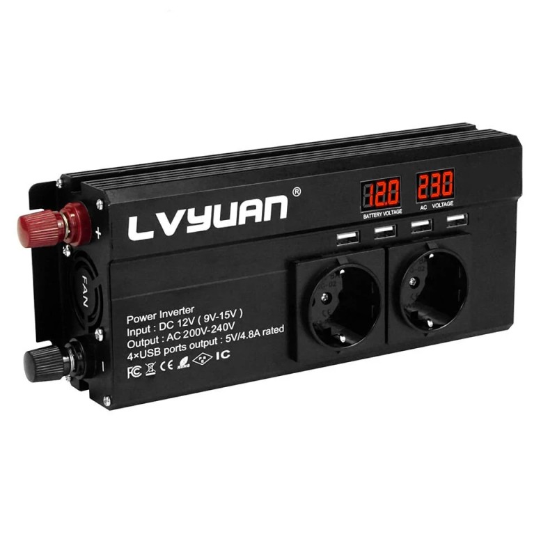 LVYUAN 12V–230V invertteri 1000W jatkuva teho 2000W huipputeho EU-pistoke led-näyttö muokattu siniaalto 4 usb-porttia F-1000A