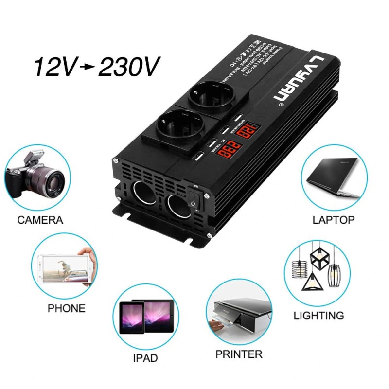 LVYUAN 12V–230V invertteri 1000W jatkuva teho 2000W huipputeho EU-pistoke led-näyttö muokattu siniaalto 4 usb-porttia F-1000A
