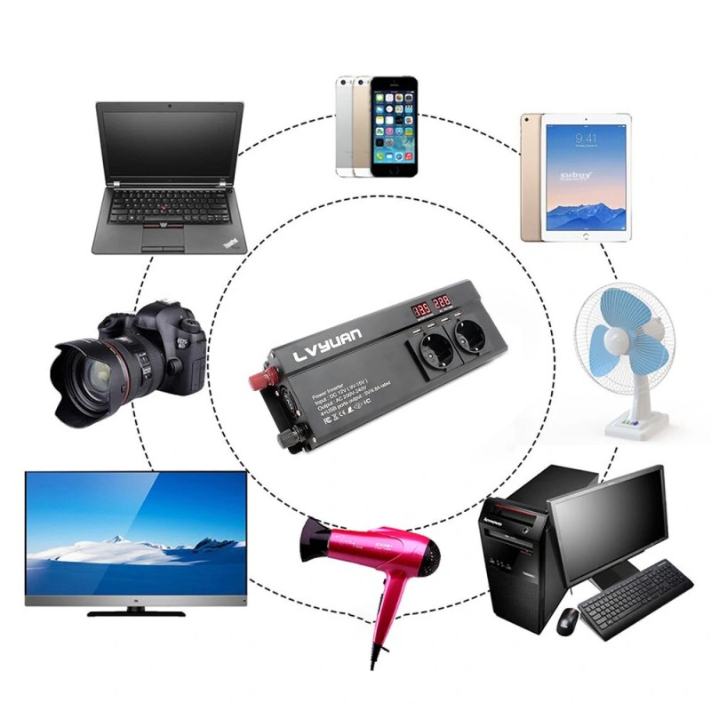 LVYUAN 12V–230V invertteri 1000W jatkuva teho 2000W huipputeho EU-pistoke led-näyttö muokattu siniaalto 4 usb-porttia F-1000A