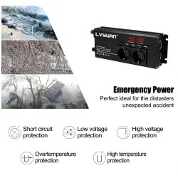 LVYUAN 12V–230V invertteri 1000W jatkuva teho 2000W huipputeho EU-pistoke led-näyttö muokattu siniaalto 4 usb-porttia F-1000A