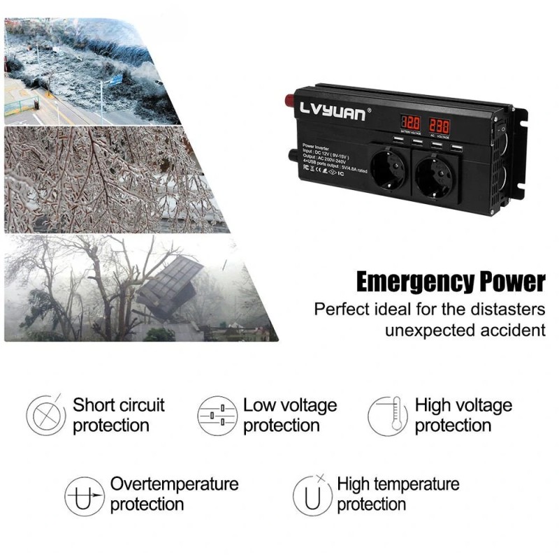 LVYUAN 12V–230V invertteri 1000W jatkuva teho 2000W huipputeho EU-pistoke led-näyttö muokattu siniaalto 4 usb-porttia F-1000A