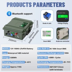 IPRee LiFePO4 12V 100Ah 140Ah 200Ah akkupaketti akkuhallinta BMS 6000+ sykliä langaton USB-lähtö QC-pikalataus kalastusvene
