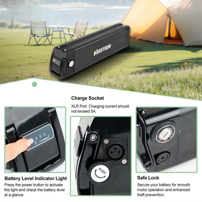 Varstrom 36V 18.2Ah 655.2Wh sähköpyörän akku Hopeakala 30A akunsuojaus 4A laturi sopii 250–1500W moottoreille