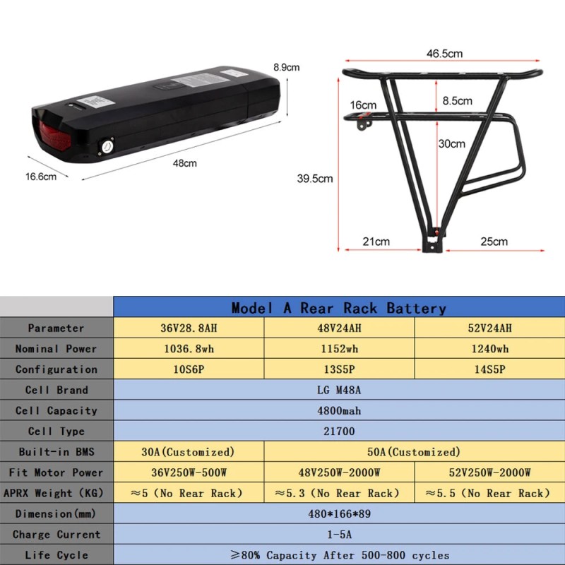 ChamRider malli A 48V 24Ah taka-akku LG 21700 50A akkuhallinta 4A laturi yhteensopiva 250W–2000W moottoreille