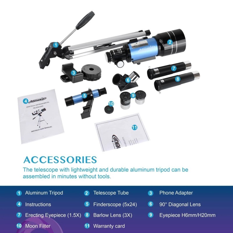 AOMEKIE AO2001 astronominen kaukoputki 70 mm 15–150x lapsille puhelinsovitin jalusta Barlow-linssi etsin
