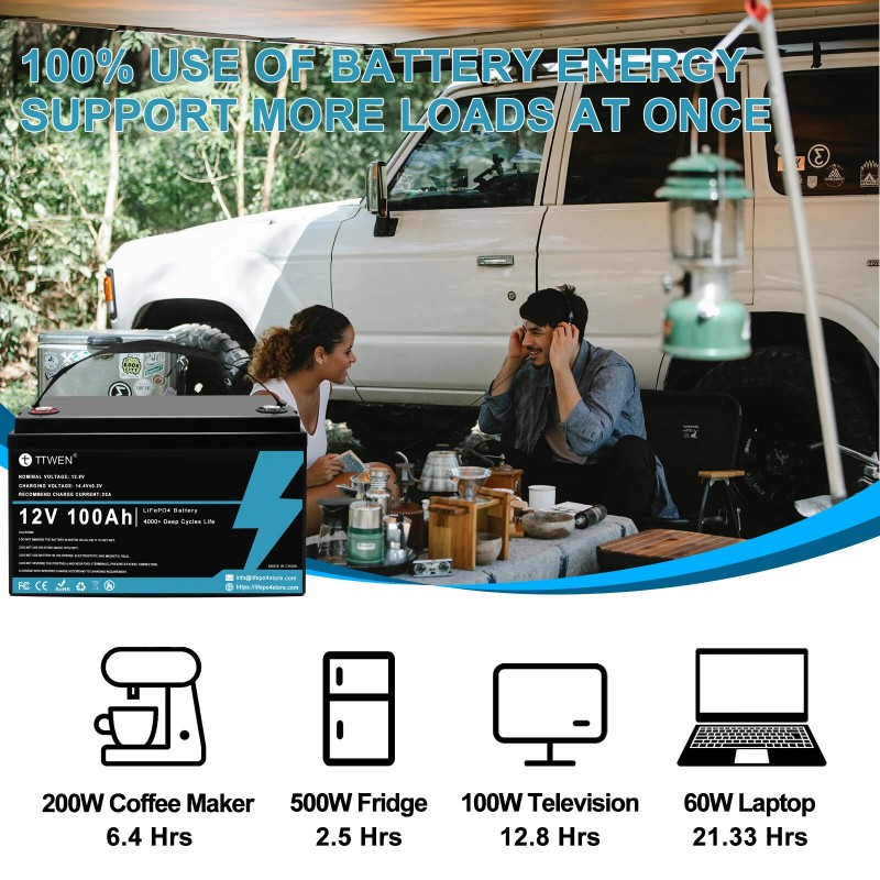 TTWEN 12V 100Ah LiFePO4 akku Bluetoothilla 100A BMS matkailuautoihin ja aurinkojärjestelmiin