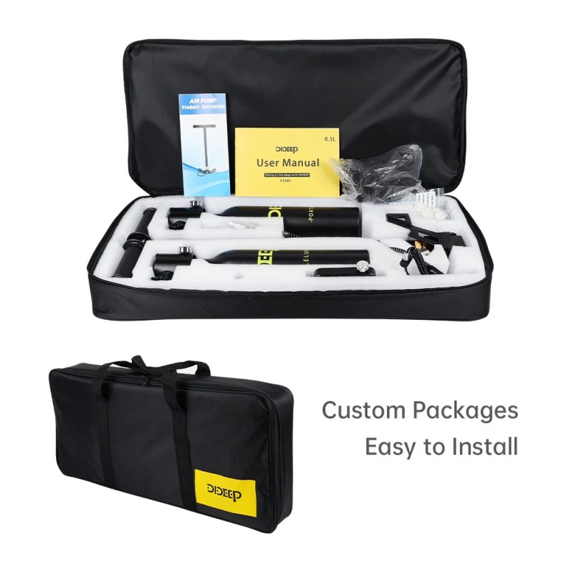 DIDEEP kaksi 0,5 litran kannettavaa sukellushengityslaitetta pumpulla sovittimella säilytyspussilla