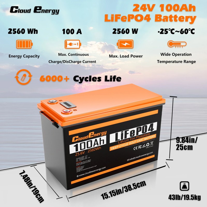 Cloudenergy 24V 100Ah LiFePO4 akkupaketti 2560Wh varavoima 100A BMS matkailuautoihin veneisiin aurinkoon