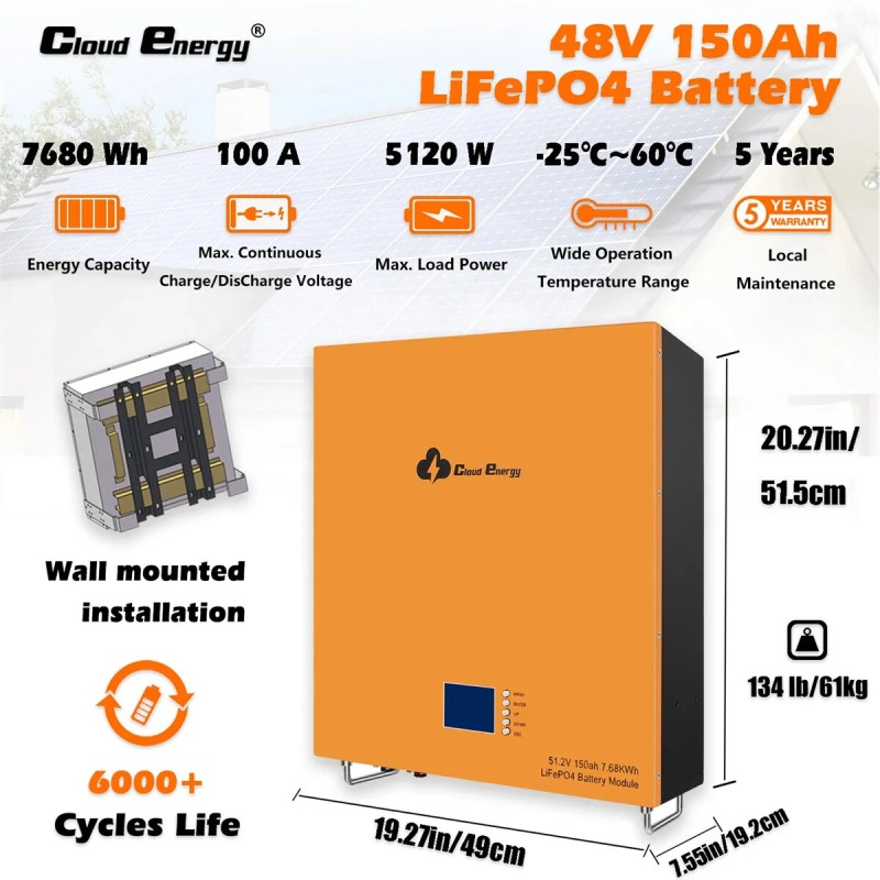 Cloudenergy 48V 150Ah LiFePO4 seinäasennettava akku CL48-150B 7,68 kWh yli 6000 sykliä kodin energiavarasto
