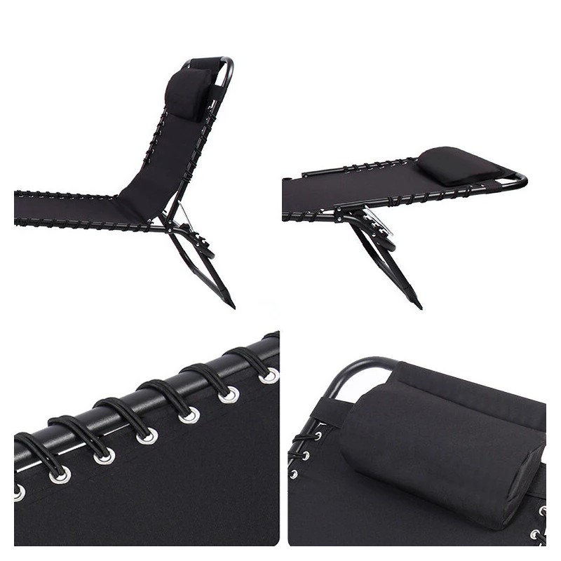 IPRee taittuva rantatuoli 190×58×30cm 150kg maksimikuorma irrotettava niskatuki 4-asentoinen selkänoja musta