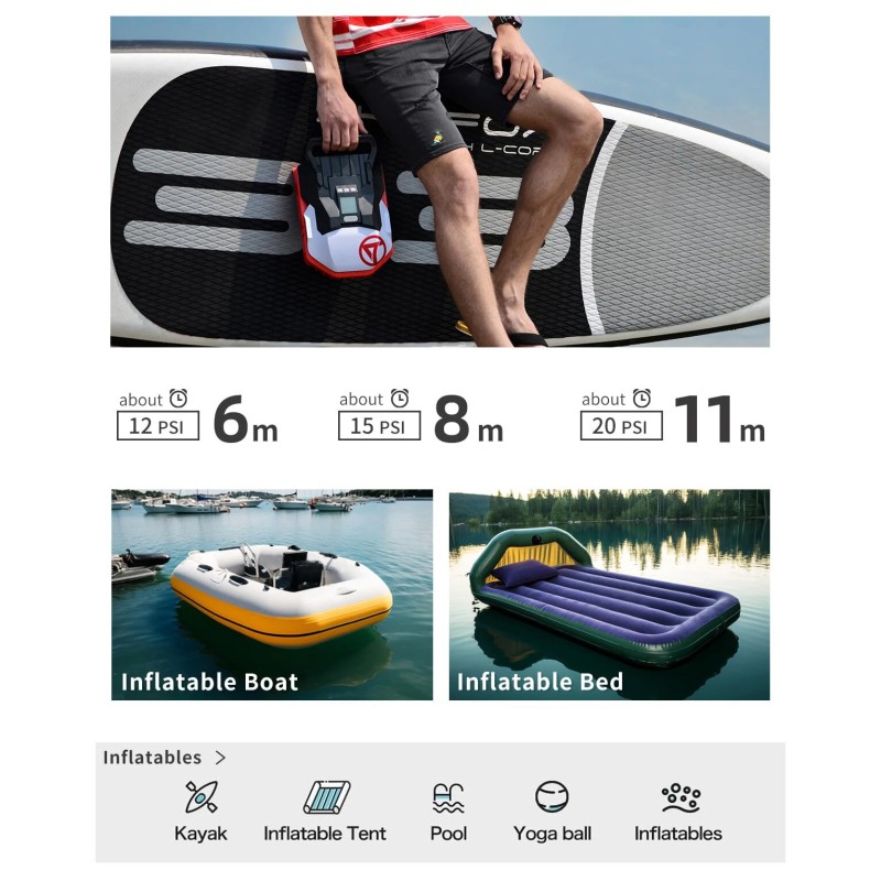 WaveRite 20PSI korkeapaineinen sähköpumppu sup-laudalle täyttö ja tyhjennys 12 V:n autoliittimella