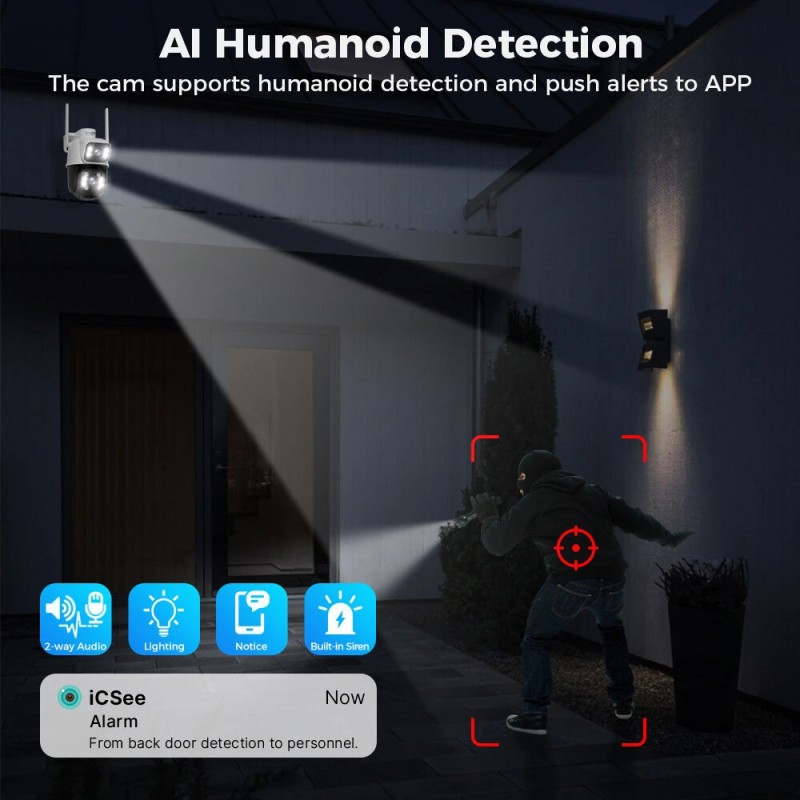 Hiseeu 6MP 4K ulkokamera panorointi ja kallistus kahdella linssillä tekoäly ihmistunnistus
