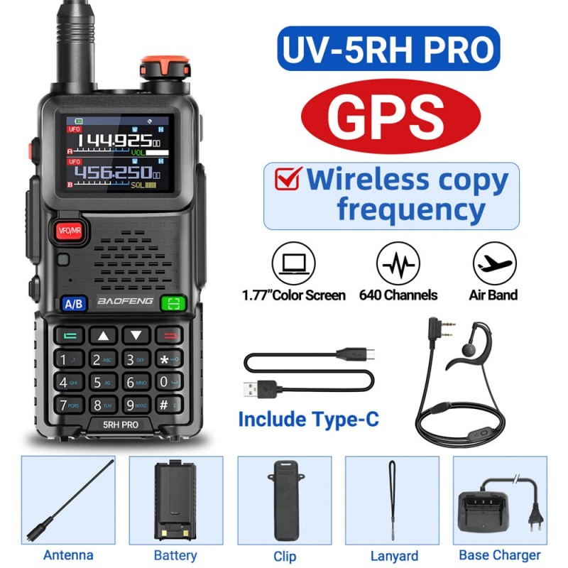 BAOFENG UV-5RH PRO 10W gps-radiopuhelin 640-kanavaa C-tyypin lataus NOAA-sääradio amatööriradio