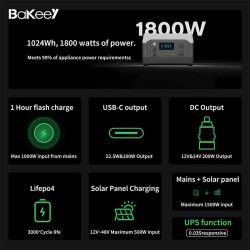 Bakeey kannettava 1800 W aurinkogeneraattori 1024 Wh LiFePO4-akku pikalataus UPS