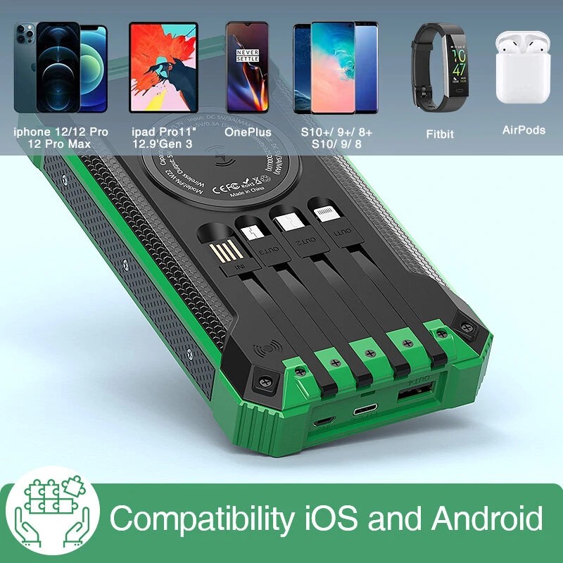 Bakeey 36000mAh aurinkovoimapankki 15W langaton lataus LED-valolla kolme tuloa neljä lähtöä