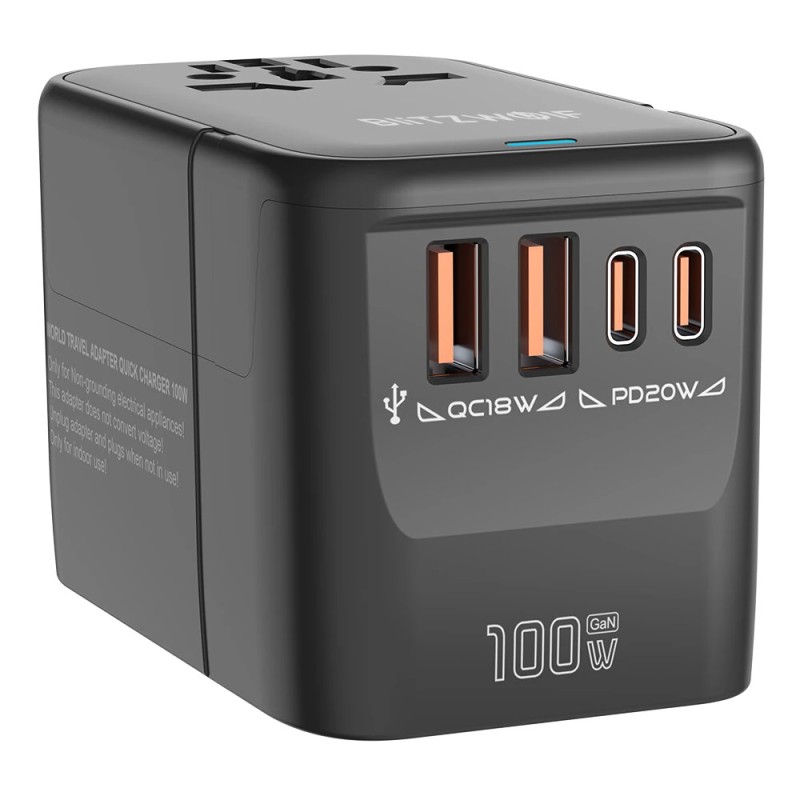 Blitzwolf BW-TA2 maailmanlaajuinen 5-toiminen matkasovitin GaN-tekniikka 100W pikalataus 2×USB-C 2×USB-A