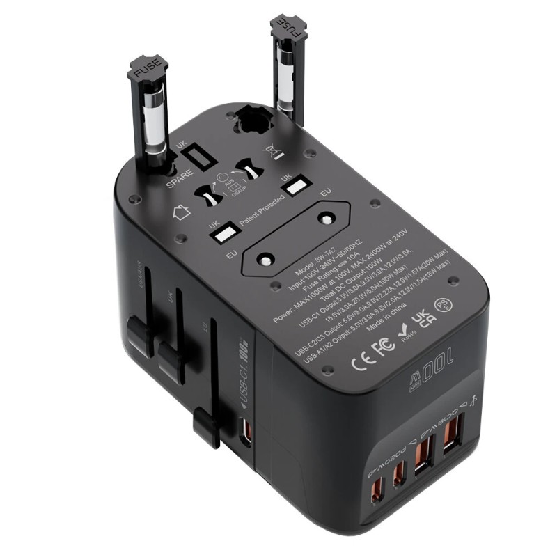 Blitzwolf BW-TA2 maailmanlaajuinen 5-toiminen matkasovitin GaN-tekniikka 100W pikalataus 2×USB-C 2×USB-A