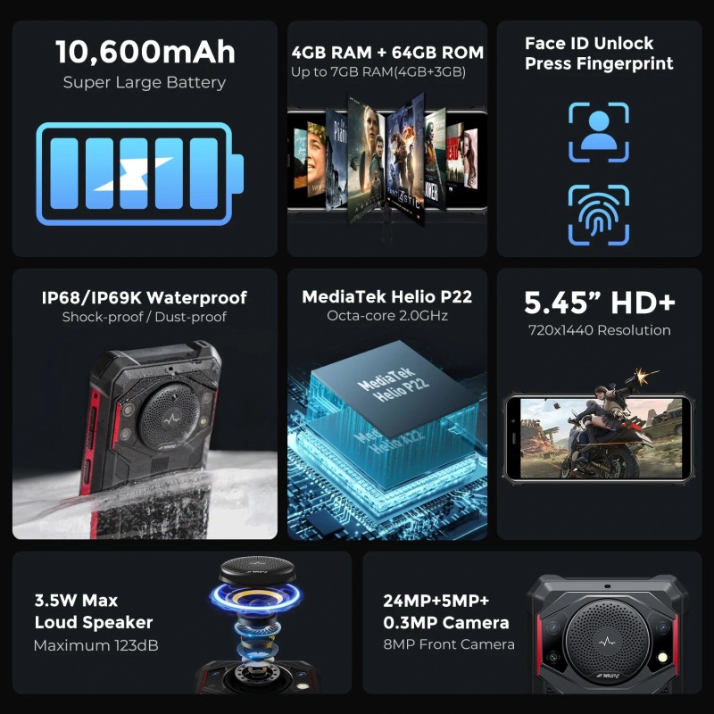 FOSSiBOT F101P kestävä 4G-älypuhelin voimakas kaiutin 7GB muisti 64GB tallennustila 10600mAh akku IP68 24MP-kamera