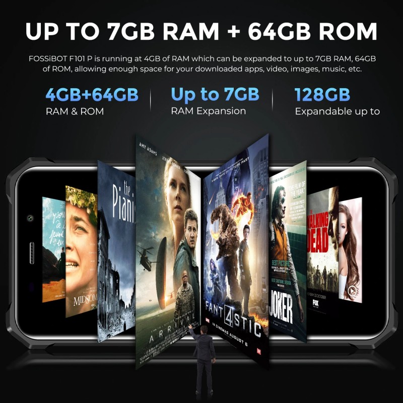 FOSSiBOT F101P kestävä 4G-älypuhelin voimakas kaiutin 7GB muisti 64GB tallennustila 10600mAh akku IP68 24MP-kamera