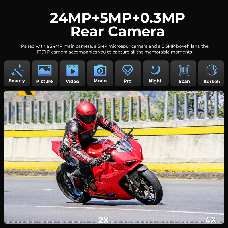 FOSSiBOT F101P kestävä 4G-älypuhelin voimakas kaiutin 7GB muisti 64GB tallennustila 10600mAh akku IP68 24MP-kamera
