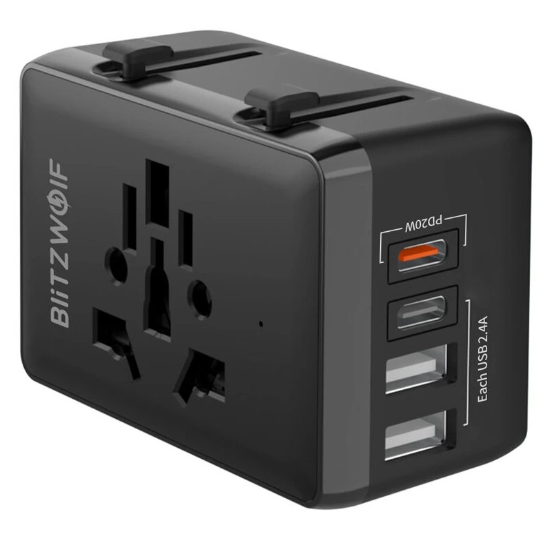BlitzWolf BW-TA1 universaali matkasovitin neljällä USB-portilla PD20W yhteensopiva