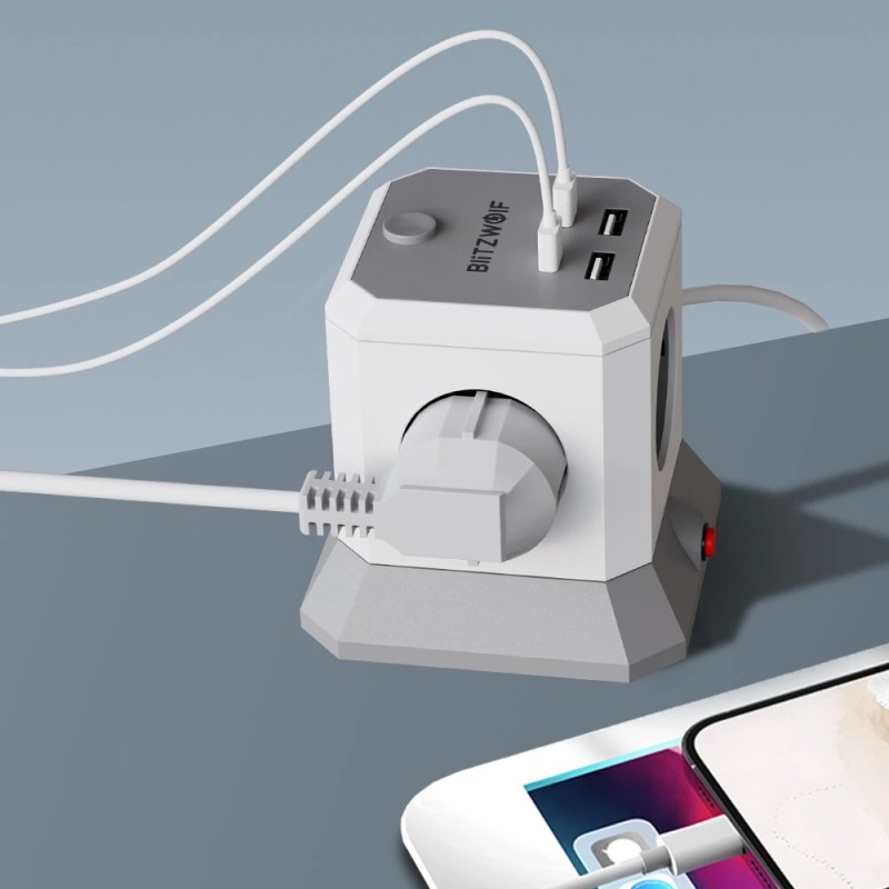 BlitzWolf BW-EC1 8-toiminen pystysuora kuutio EU-pistorasia 4 pistoketta 2 USB-A 2 USB-C