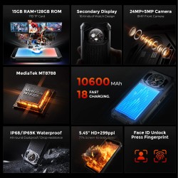 FOSSiBOT F101 Pro kestävä älypuhelin kaksoisnäytöllä 15 Gt muisti 128 Gt tallennustila 10600 mAh