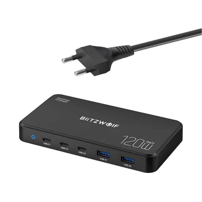 Blitzwolf BW i100 120W 5 porttinen PD lataustasema EU pistokkeella 2 USB A 3 USB C