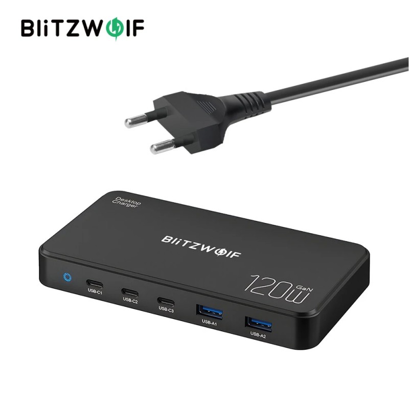 Blitzwolf BW-i100 120W 5-porttinen PD-lataustasema EU-pistokkeella 2 USB-A 3 USB-C