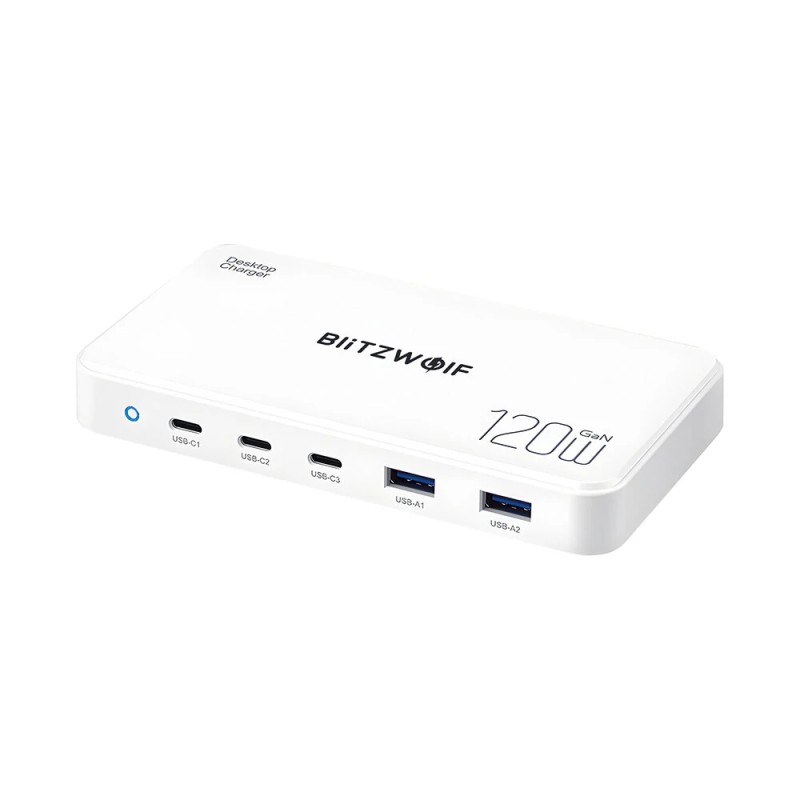 Blitzwolf BW-i100 120W 5-porttinen PD-lataustasema EU-pistokkeella 2 USB-A 3 USB-C