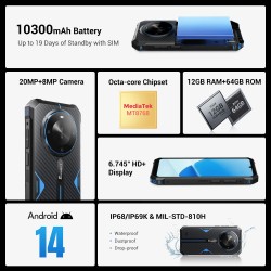FOSSiBOT F105 kestävä älypuhelin 20 megapikselin kamera 12 Gt muisti 10300 mAh Android 14