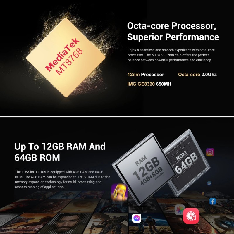 FOSSiBOT F105 kestävä älypuhelin 20 megapikselin kamera 12 Gt muisti 10300 mAh Android 14