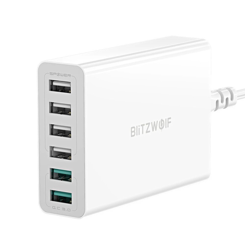 BlitzWolf BW S15 60W 6 porttinen USB laturi pöytäasema kaksi QC3 0 porttia älykäs EU pistoke