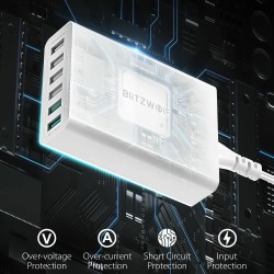 BlitzWolf BW-S15 60W 6-porttinen USB-laturi pöytäasema kaksi QC3.0-porttia älykäs EU-pistoke